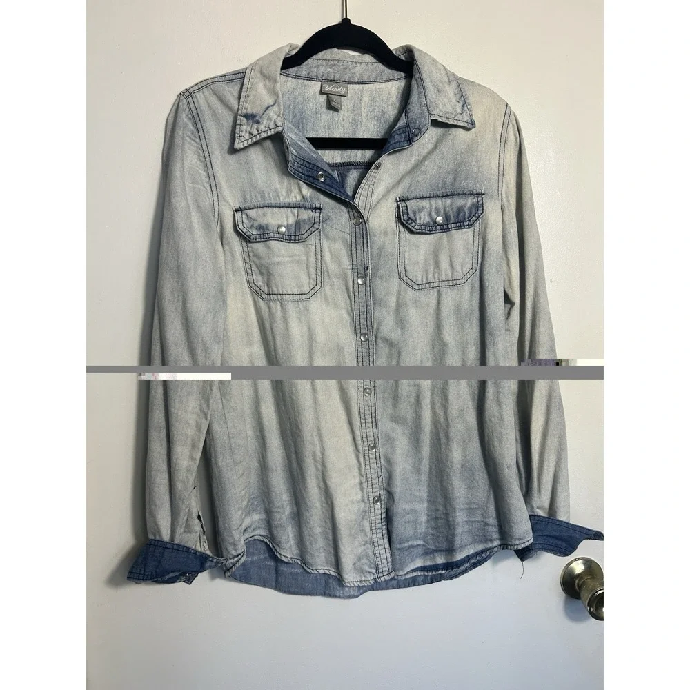 Vanity‎ Acid Wash Denim Western Snap Front Shirt Light Wash 100% Cotton Large - Picture 3 of 11